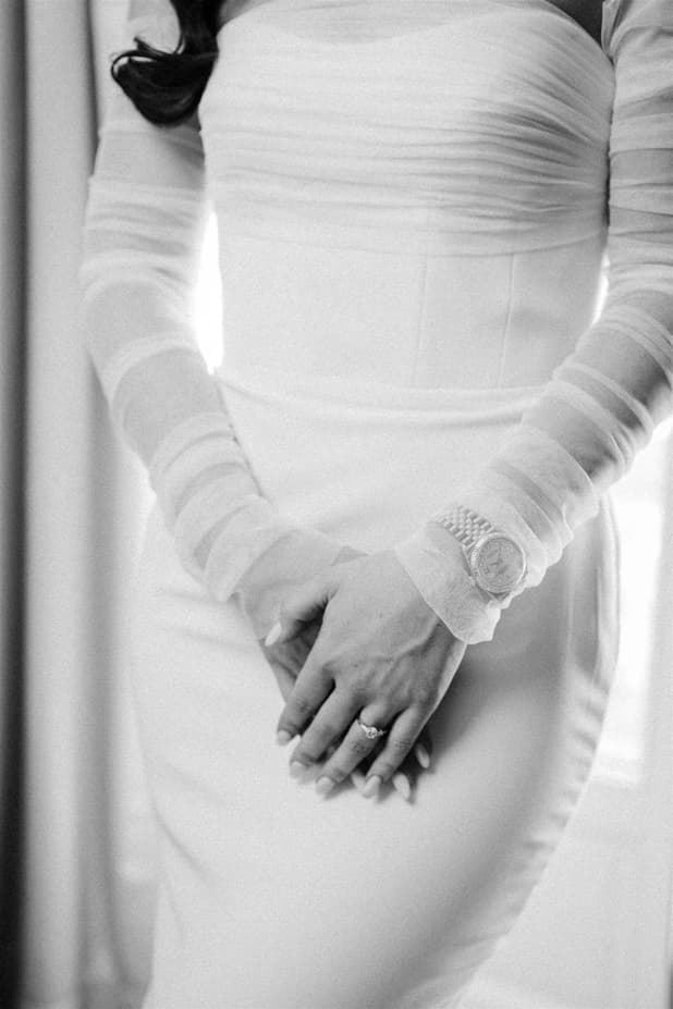Bride getting ready B&W session in Peninsula paris wedding rooftop photographer