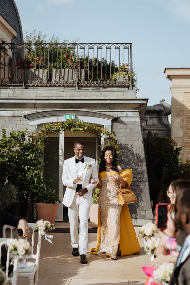 Groom and mom entrance at Paris Private Rooftop Wedding Ceremony at Peninsula Hotel with Eiffel Tower view