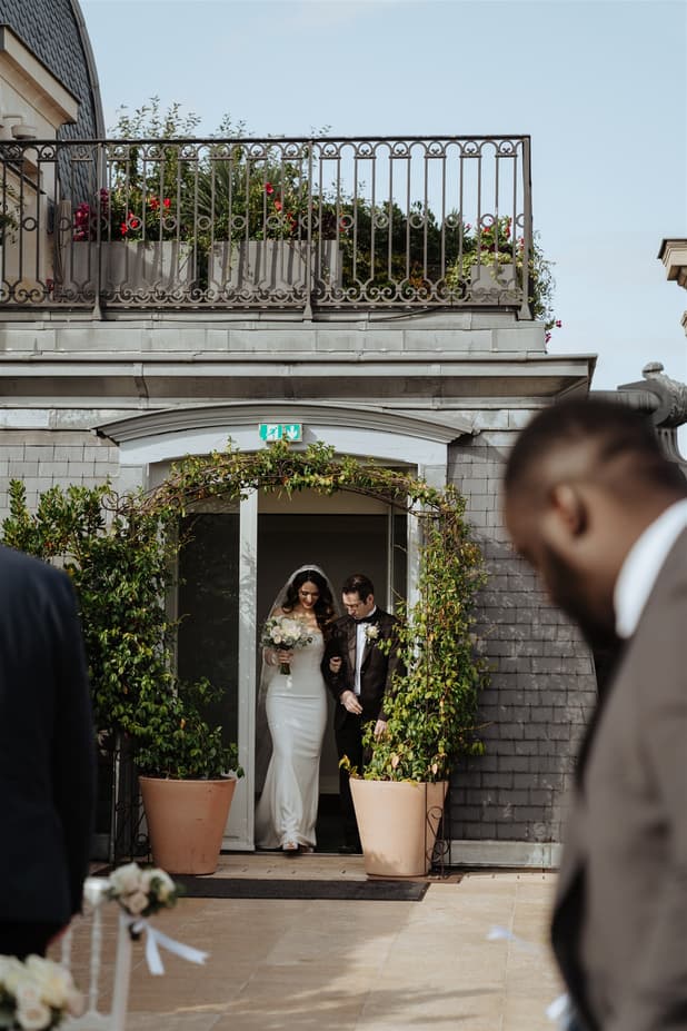 Bride entrance  Paris Private Rooftop Wedding Ceremony at Peninsula Hotel with Eiffel Tower view