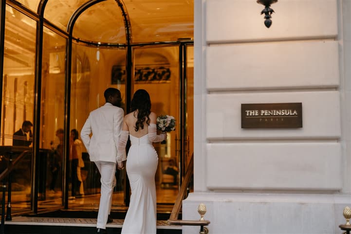 Black Groom and White Bride do after-wedding couple photosession at Peninsula Paris 