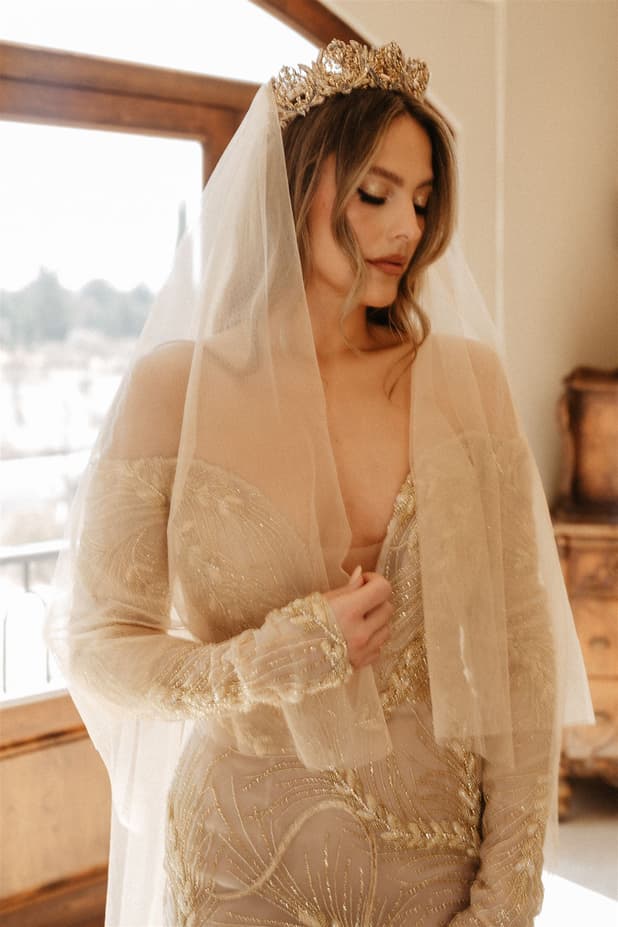 Untraditional unique custom made beige wedding dress