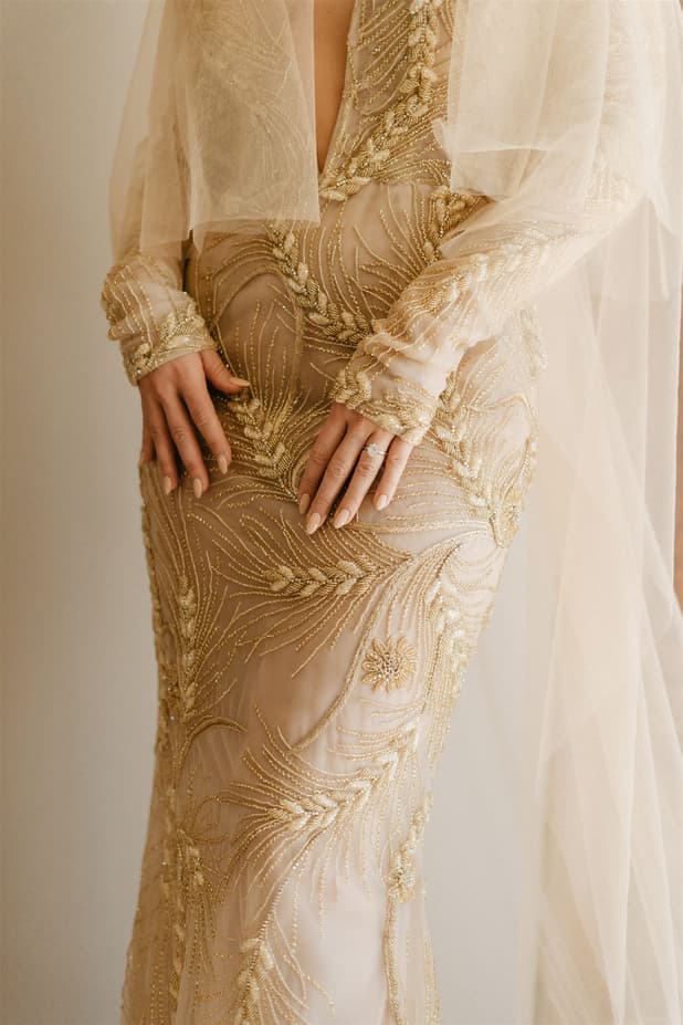 Untraditional unique custom made beige wedding dress