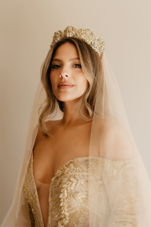 Untraditional elegance royal bride in her own design unique beige wedding gown