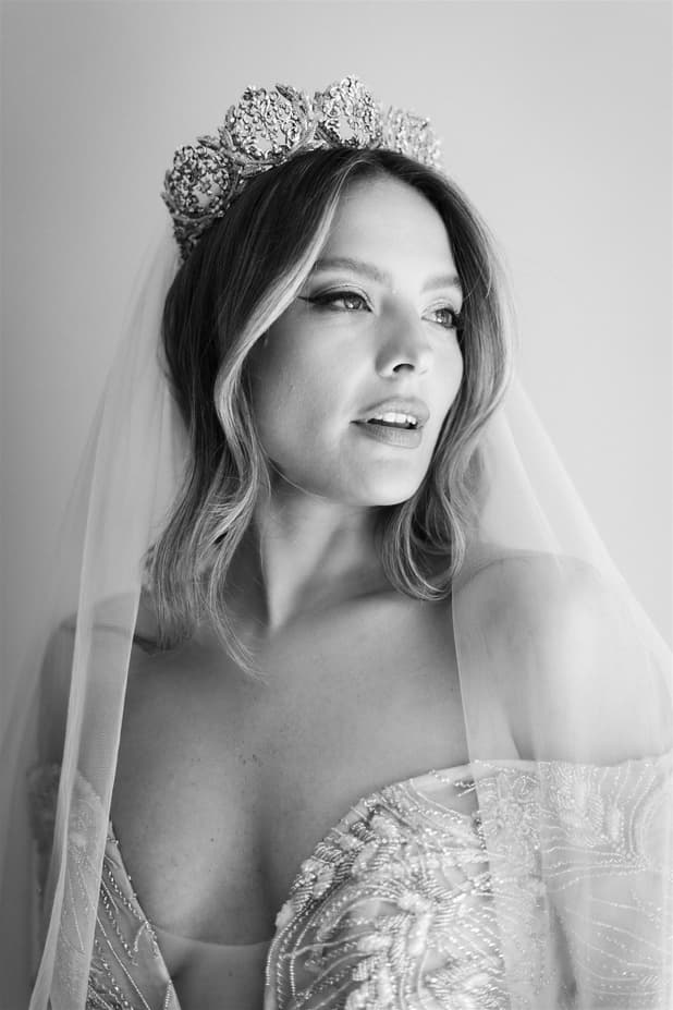 Untraditional elegance bride in her own design unique beige wedding gown