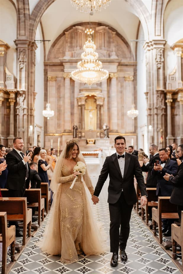 Groom and Bride exit Wedding Ceremony at the church Iglesia de San Francisco San Miguel de Allende photographer / videographer