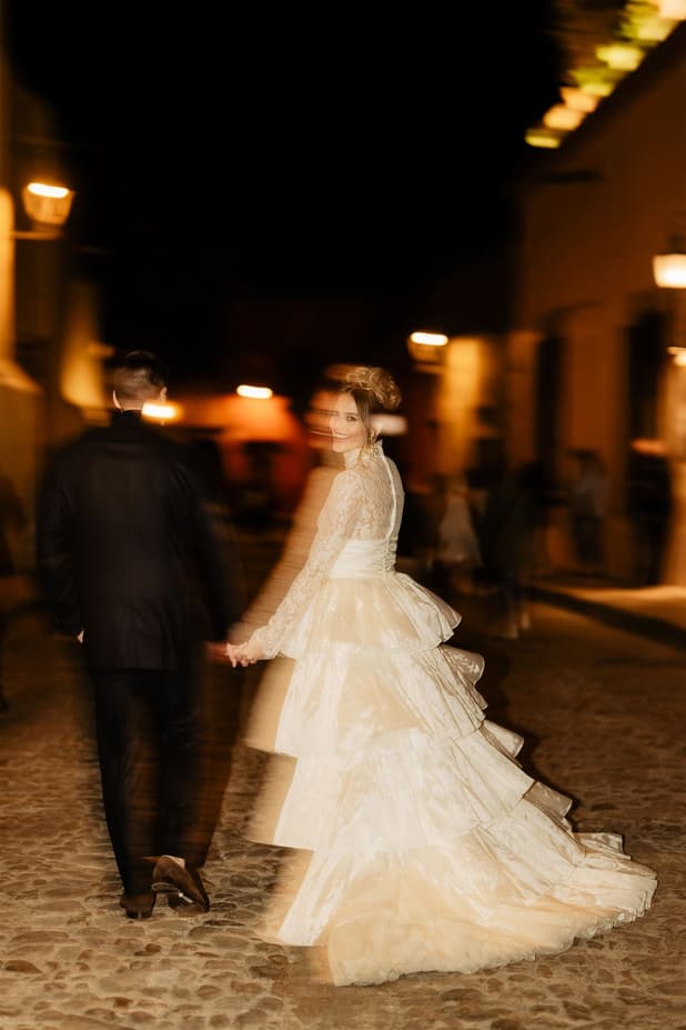 Groom and Bride blurry evening sunset photosession in the heart of San Miguel de Allende Mexico