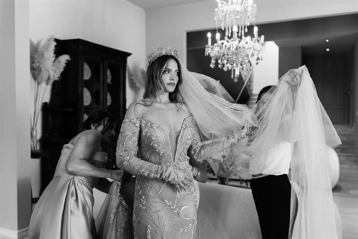 Untraditional elegance bride in her own design unique beige wedding gown photographer