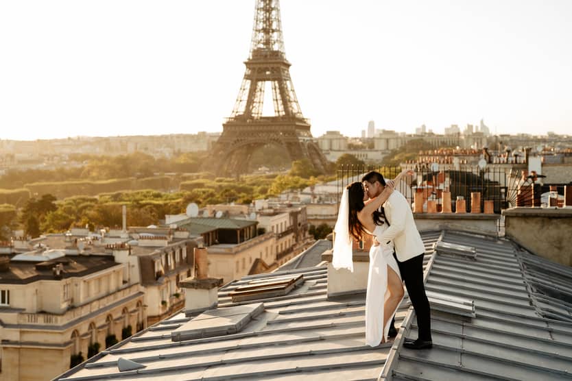 Paris rooftop with Eiffel tower prewedding photos at sunset