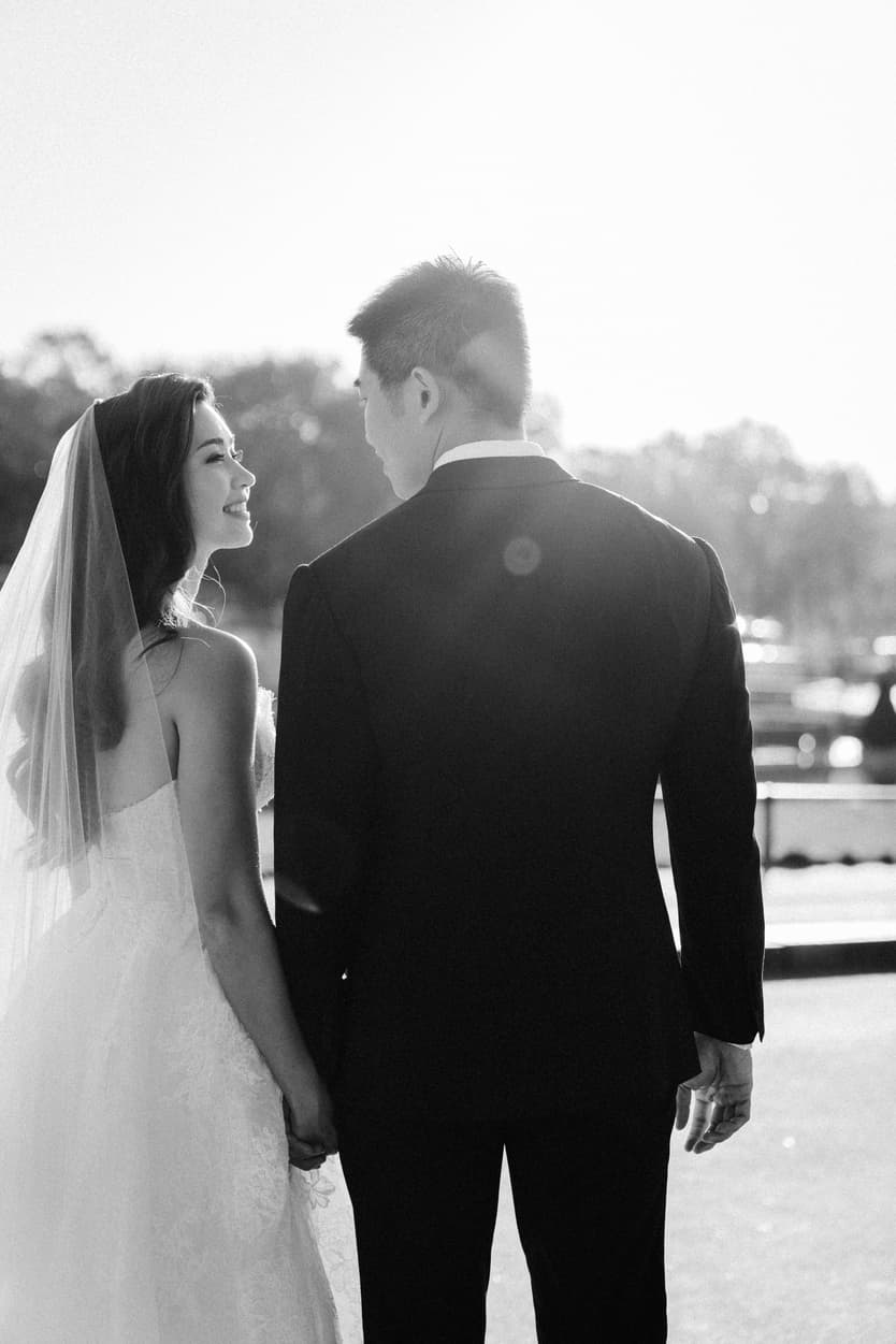 Bride wearing Monique Lhuillier for her pre wedding in Paris at Place Trocadéro with Eiffel Tower view