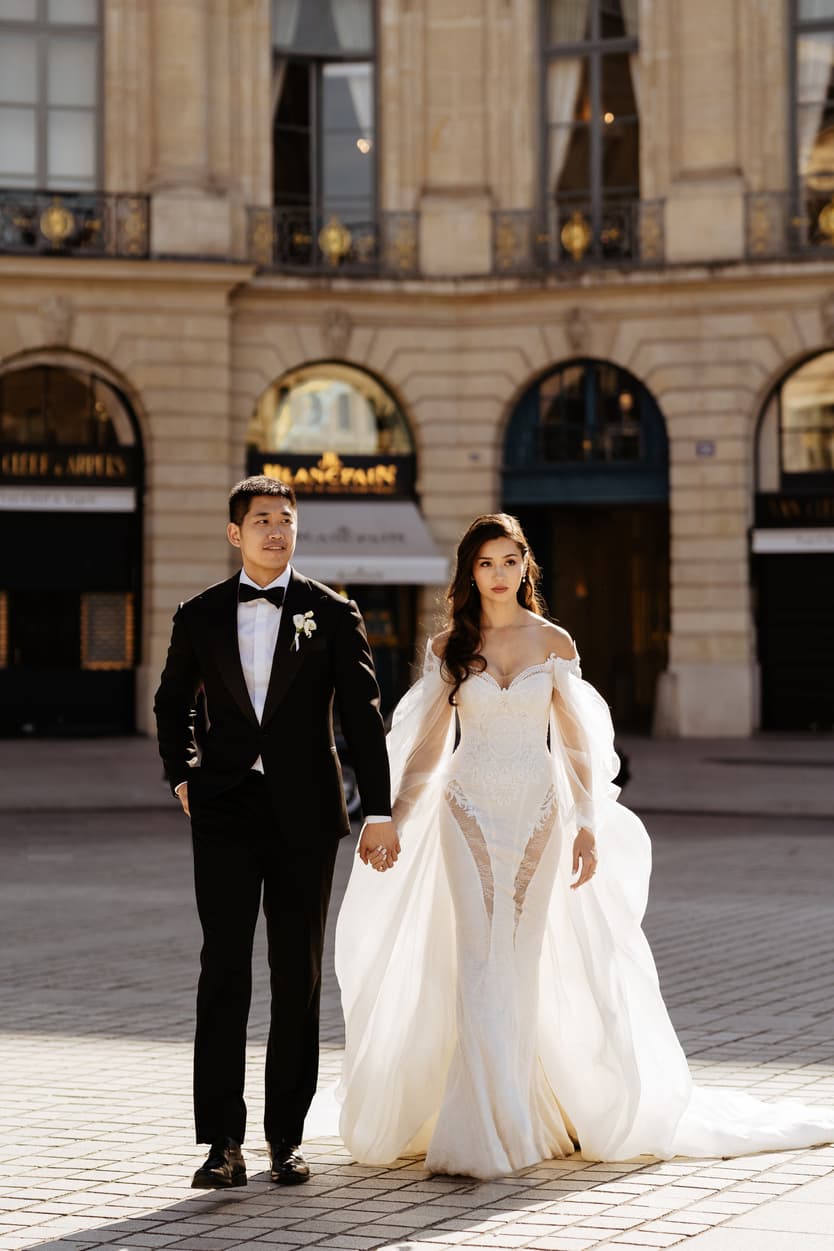 bride wearing Galia Lahav for her wedding in Paris at Place Vendome