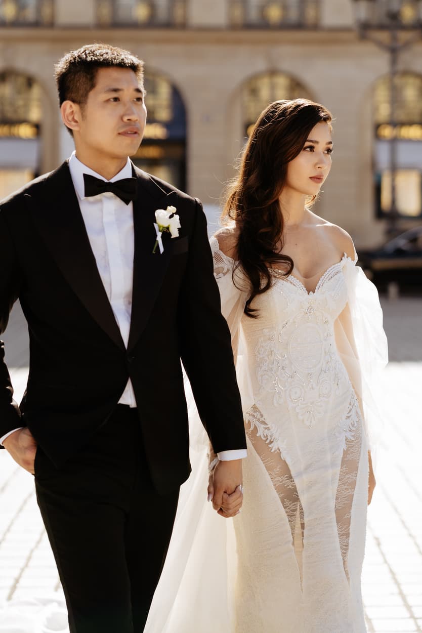 bride wearing Galia Lahav for her wedding in Paris at Place Vendome