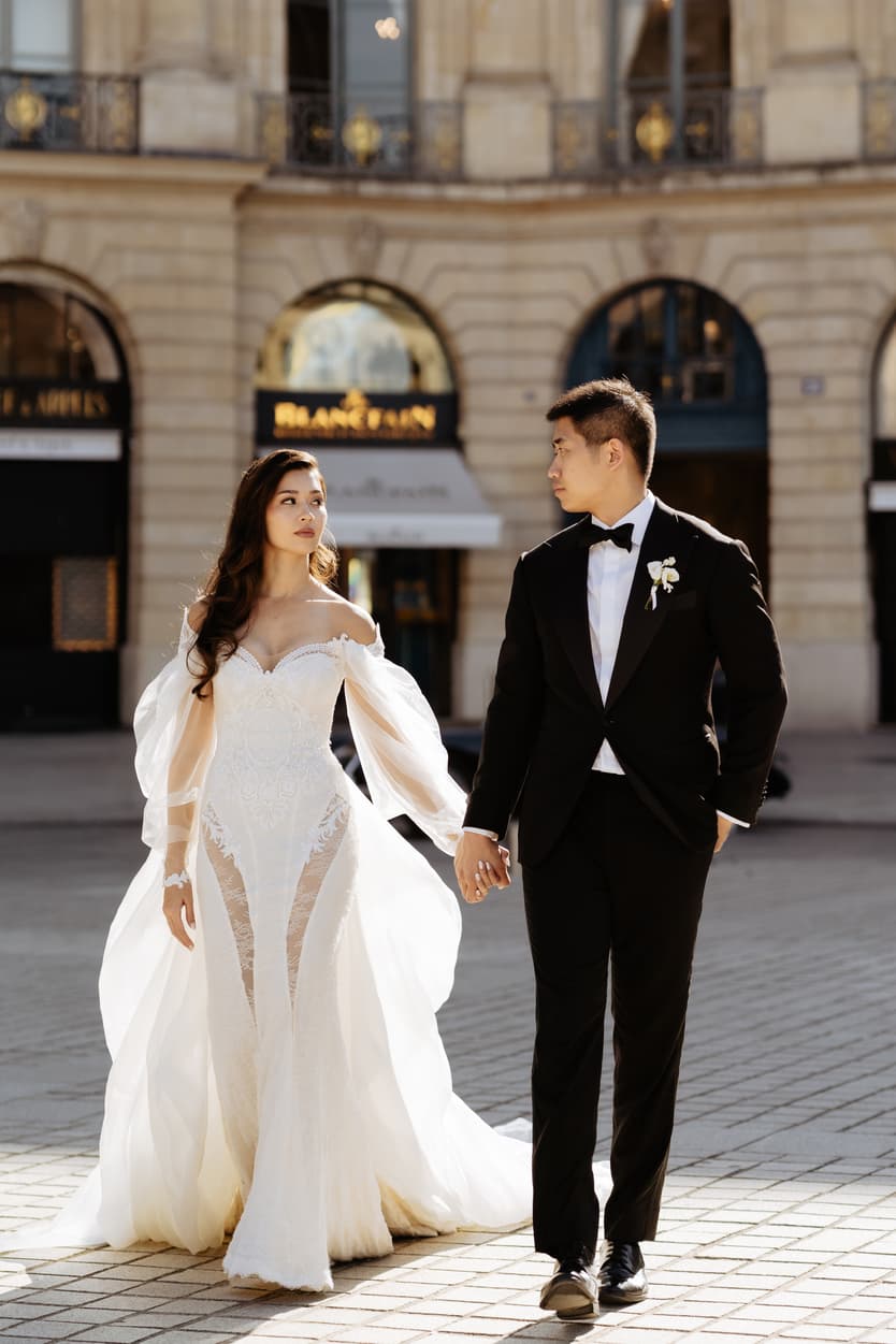 bride wearing Galia Lahav for her wedding in Paris at Place Vendome