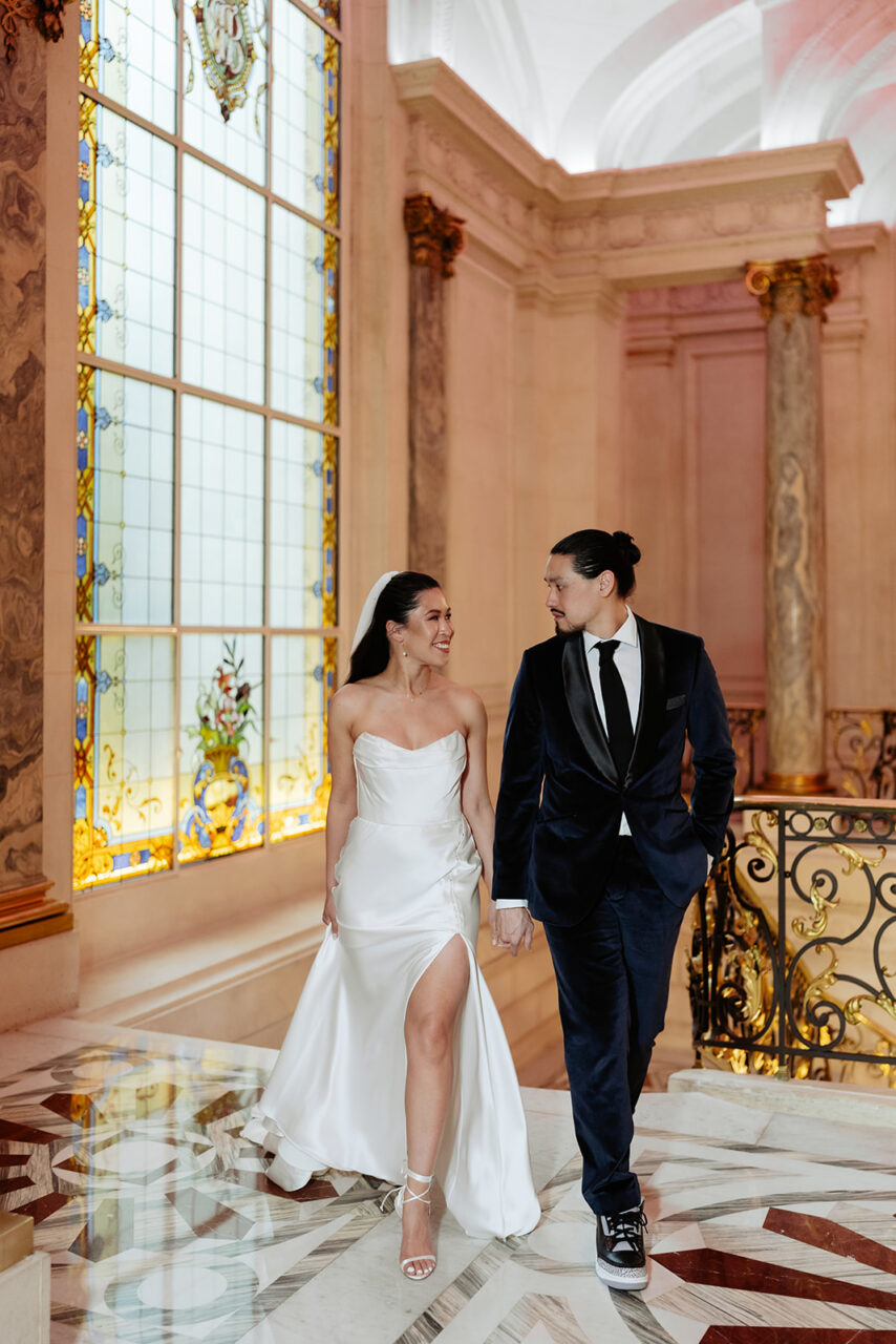 Eiffel tower terrace elopement at Shangri-La Paris bride and groom walking