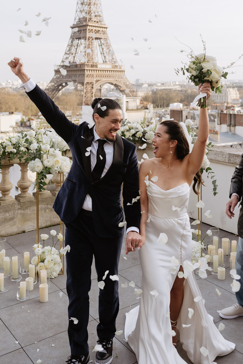 Eiffel tower terrace elopement petal showers