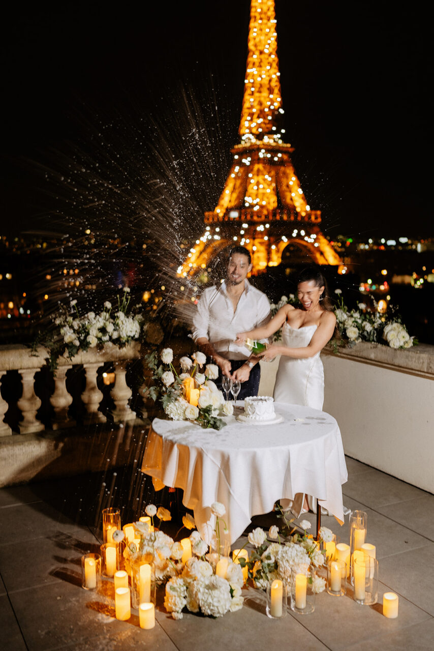 Eiffel tower sparkling terrace elopement champagne shower