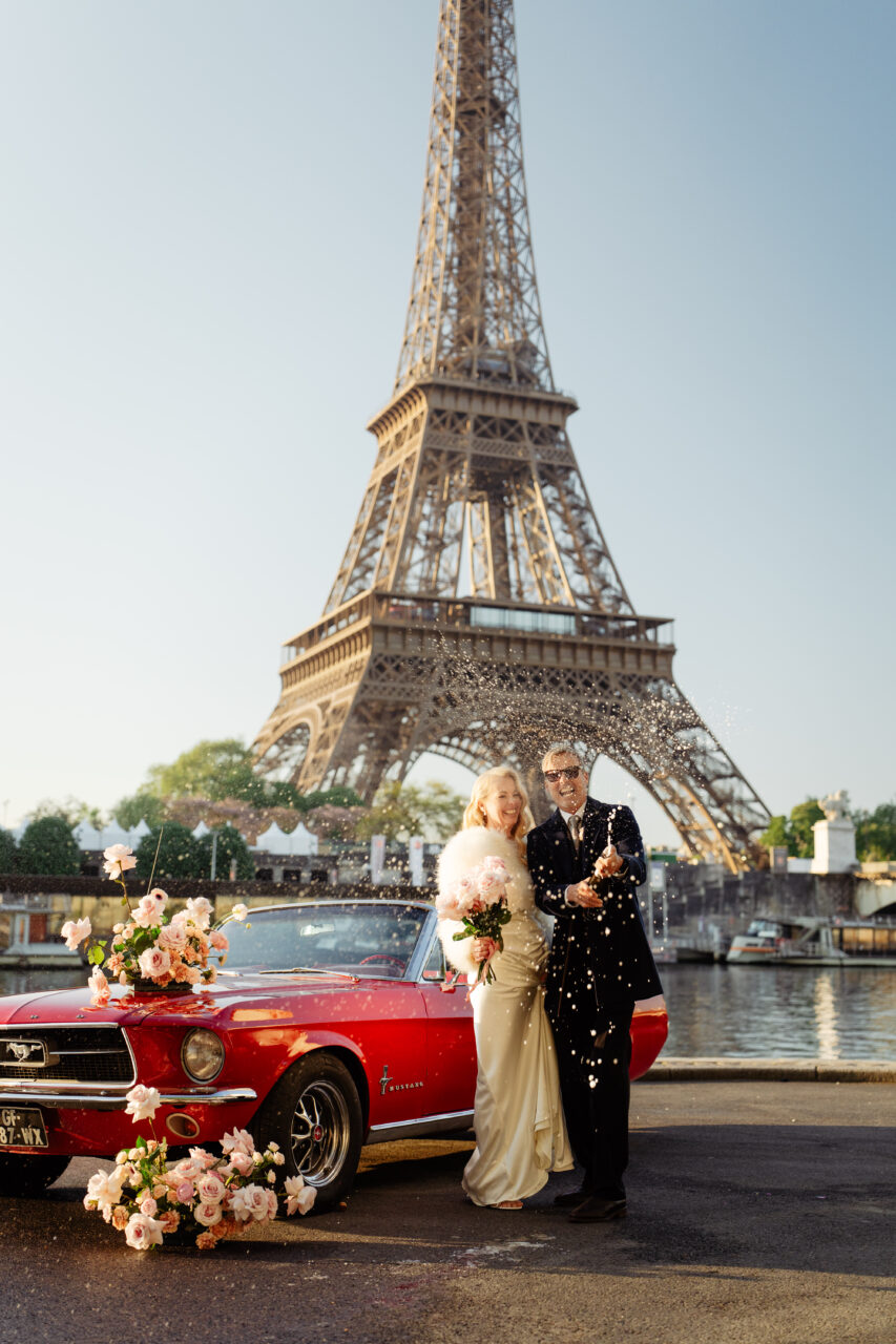 Champagne pop shower in an old hollywood elopement in Paris