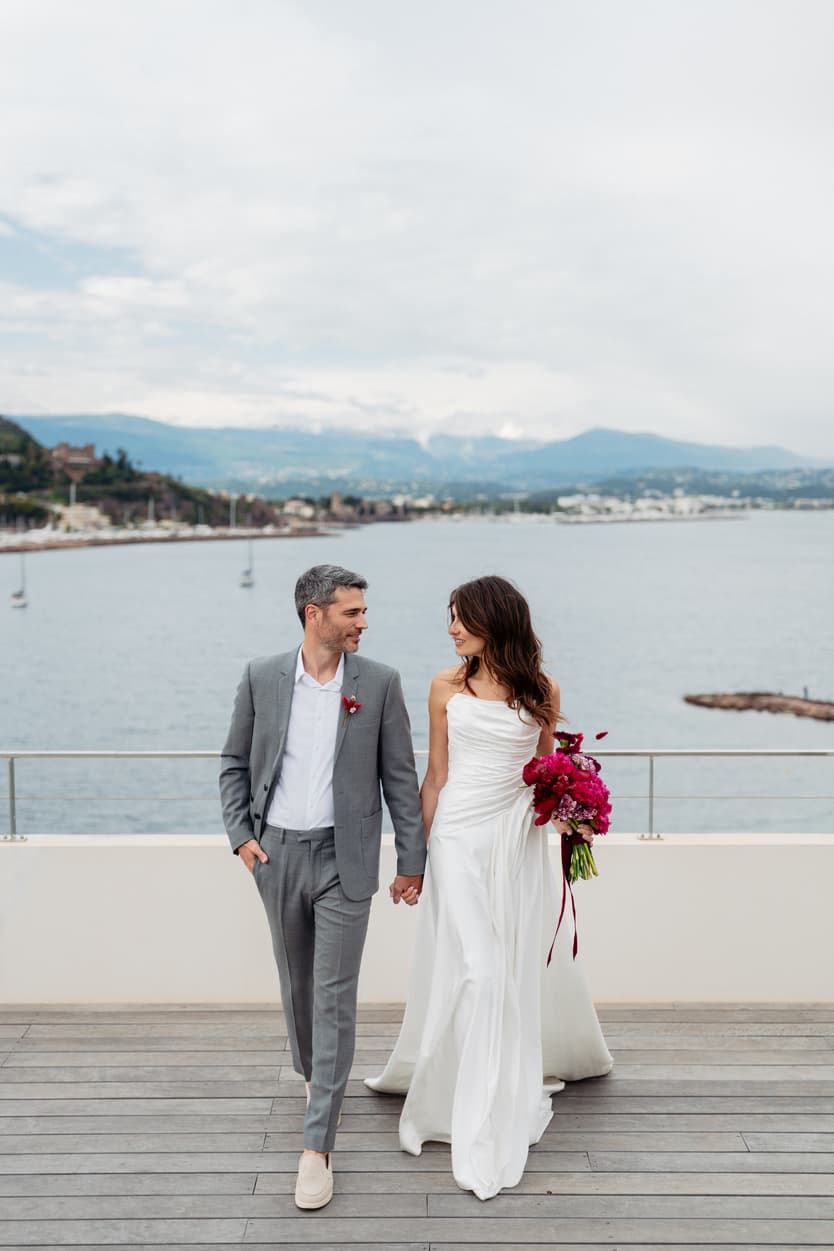 Elopement at Chateau Theoule in the South of France bride and groom holding hands