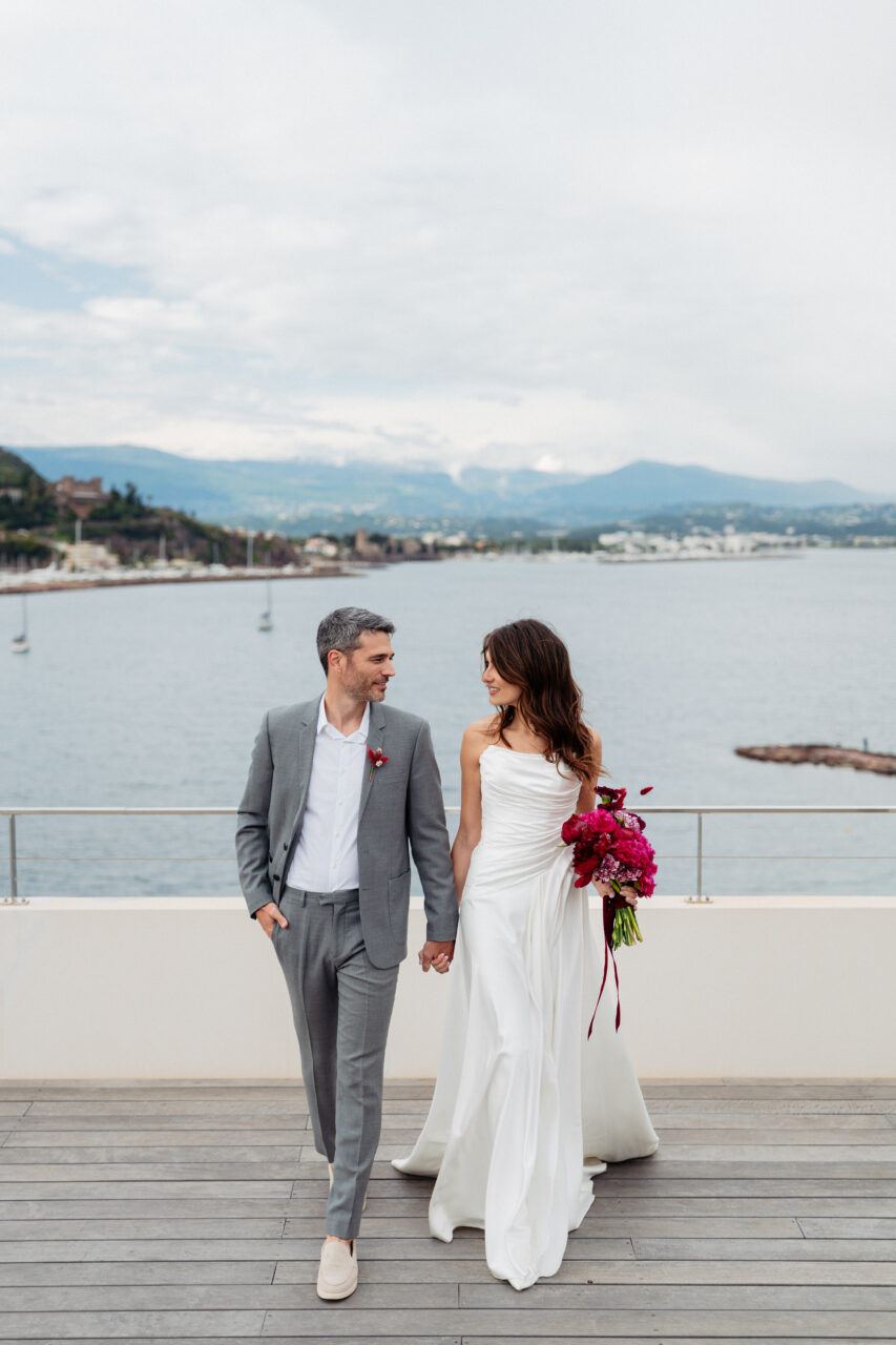 Elopement at Chateau Theoule in the South of France bride and groom holding hands