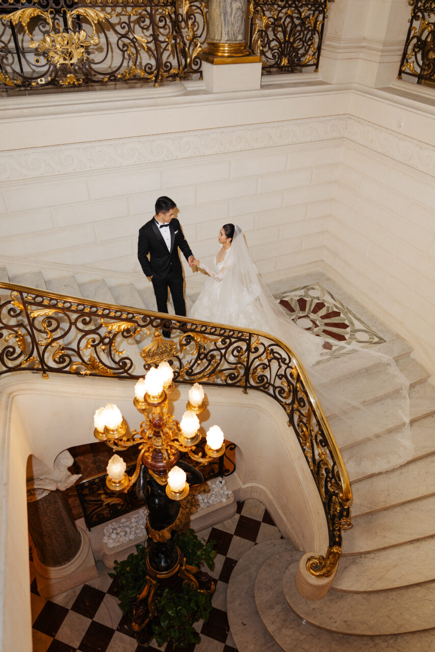 luxury pre-wedding paris shangri-la hotel staircase