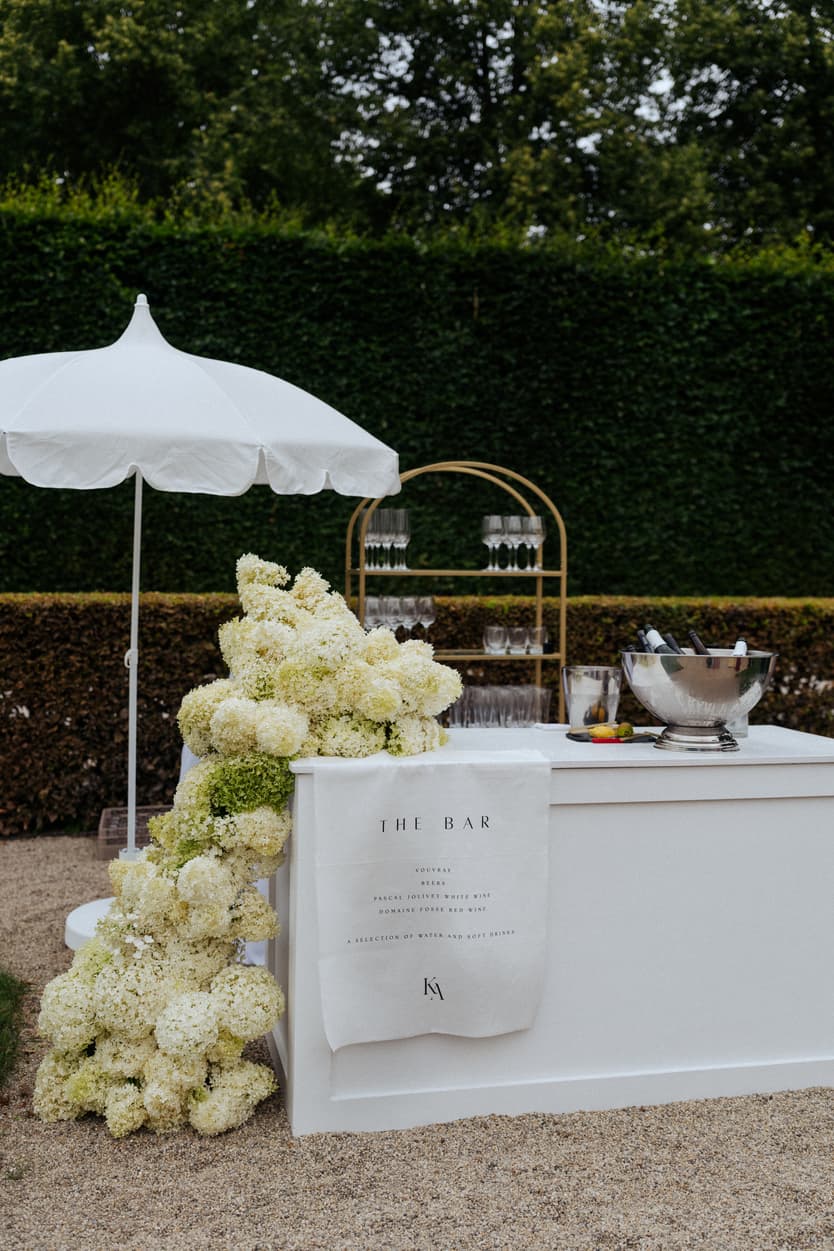 The white bar banked with hydrangea under a parasol in the topiary garden at Château du Grand Lucé