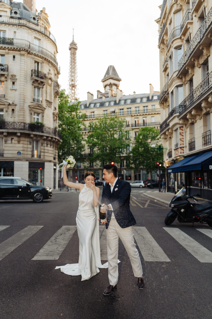 Paris sunset pre-wedding champagne shower eiffel tower view street