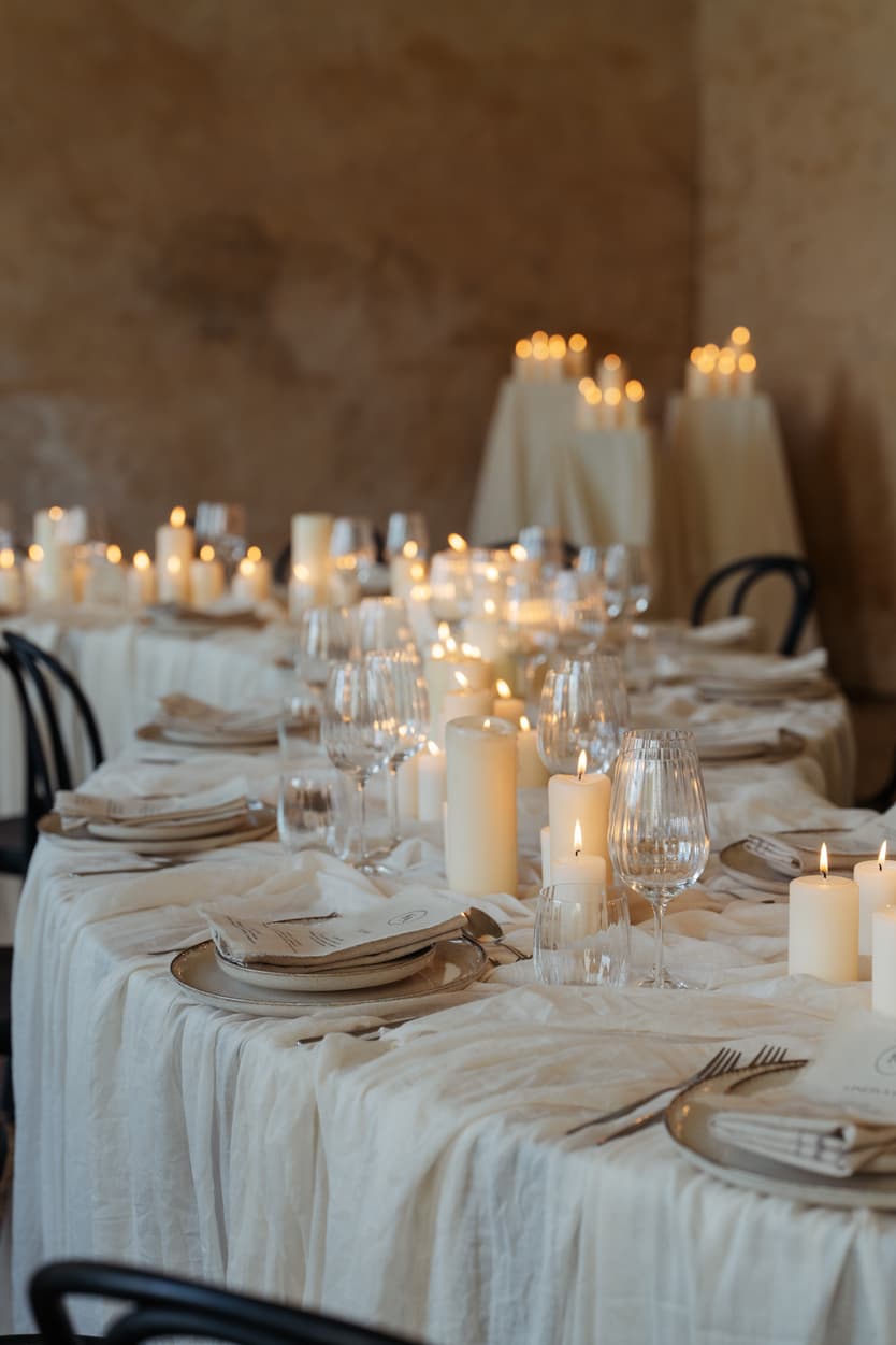 Pillar candles, linen napkins and glasses on the draped welcome dinner table in the château orangerie