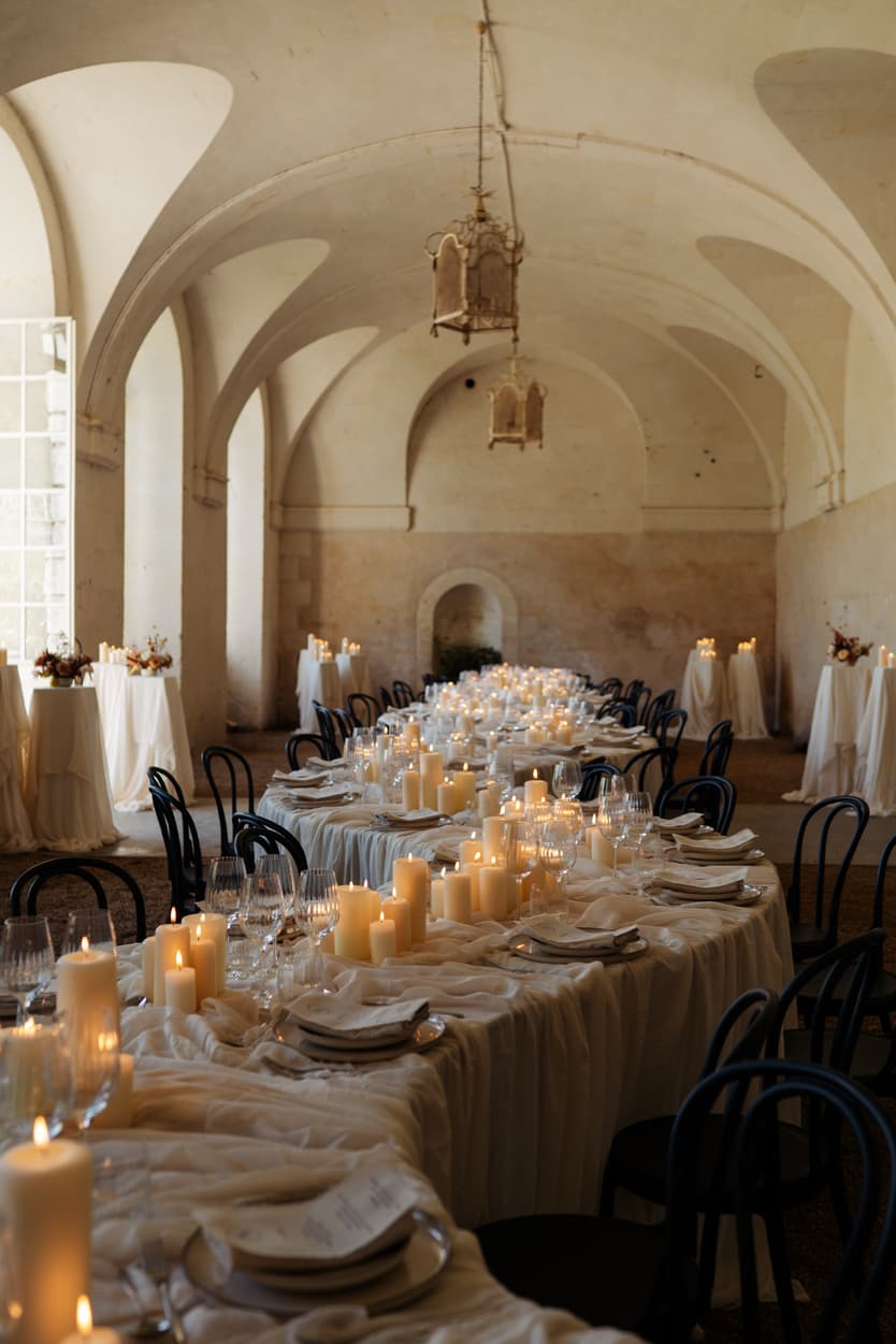 The serpentine welcome dinner table in the orangerie of Château du Grand Lucé, pillar candles down its length